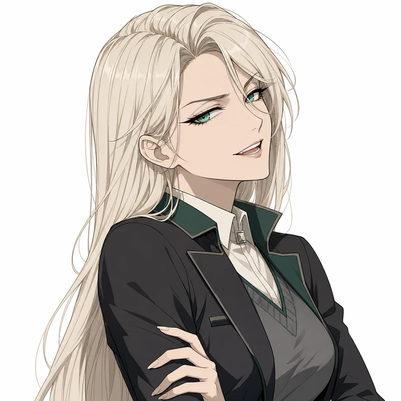 AI-generated original academy character with long pale hair, green eyes and a restrained smile