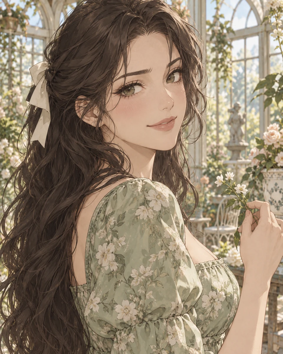 Personnage féminin de style anime dans une serre