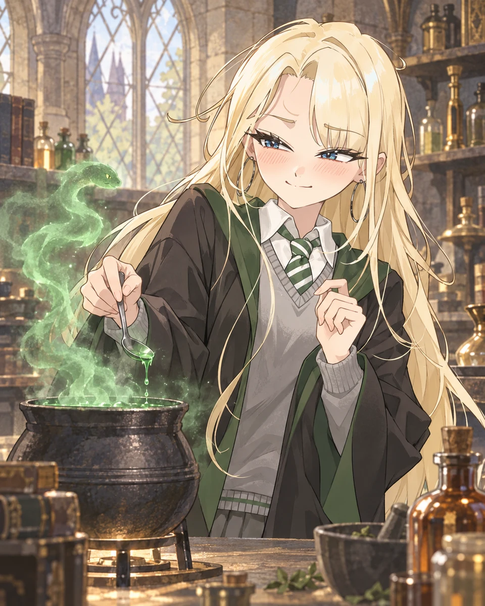 Personnage féminin dans une salle de potions