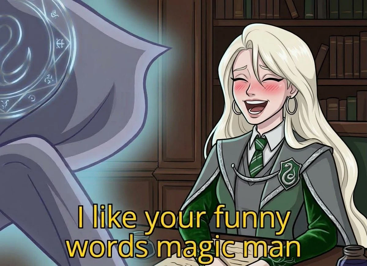 AI-generated reaction edit: a laughing Malfoid faces a hooded magic user, captioned I like your funny words magic man.