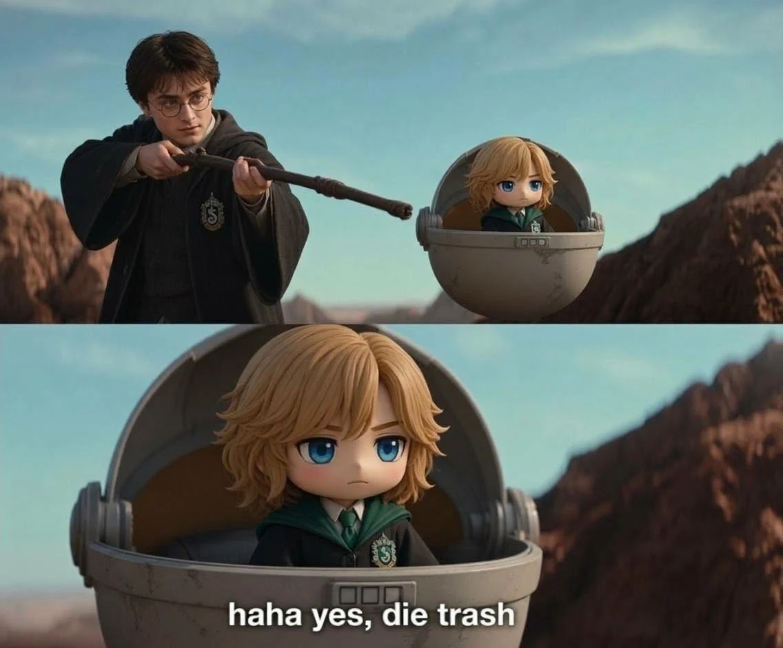 Two-panel AI meme: Harry points his wand beside tiny Malfoid in a floating pod, followed by Malfoid’s insulting reply.