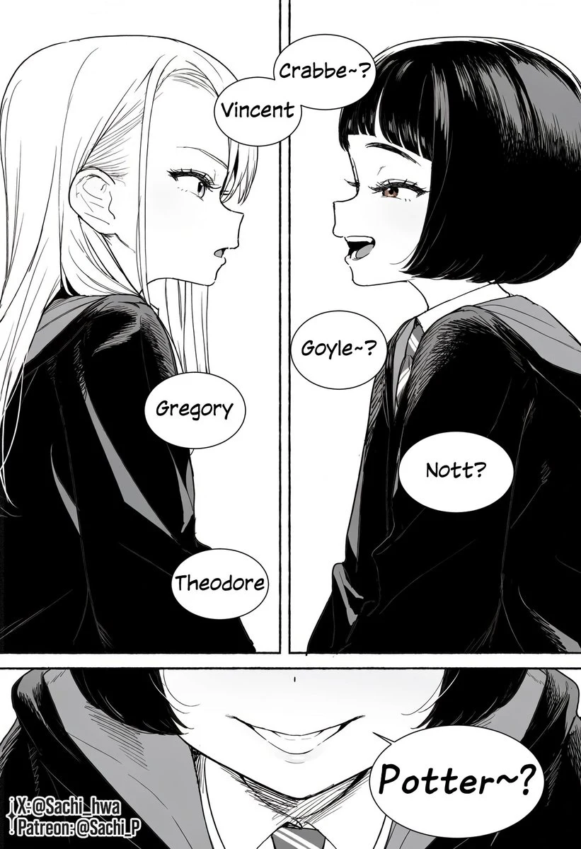 Pansy asks for Slytherin students’ names before asking about Potter.