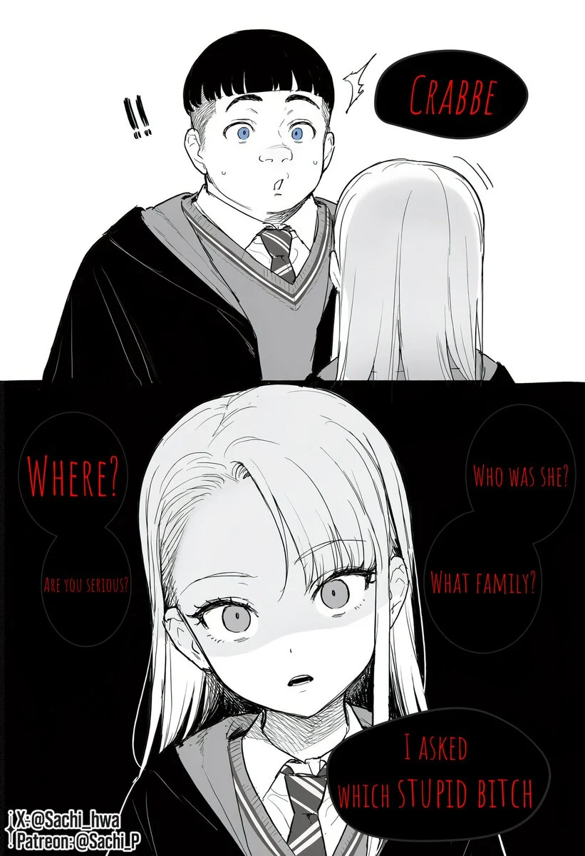 An angry Malfoid interrogates Crabbe about Harry’s supposed companion.