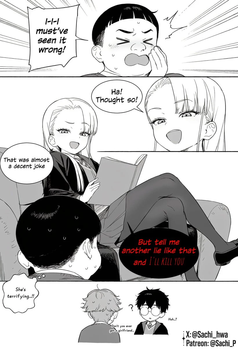 Crabbe retracts the claim and Malfoid returns to her book while the boys watch.