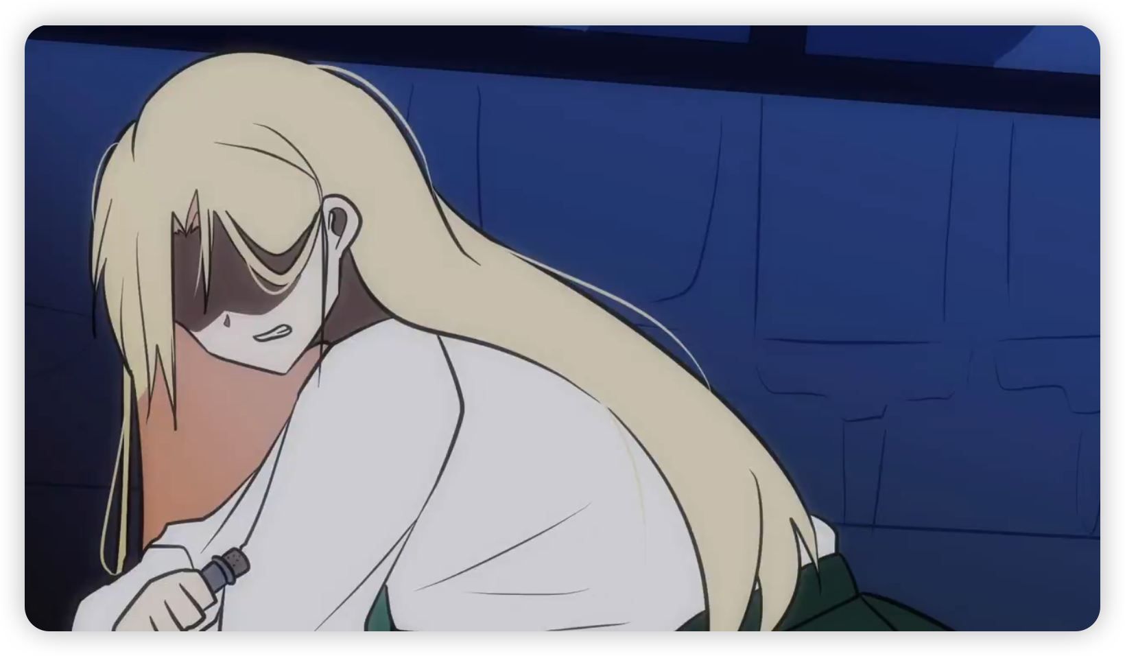 Female Draco holding her wand in a blue-lit scene from Asuzu’s Sectumsempra animation