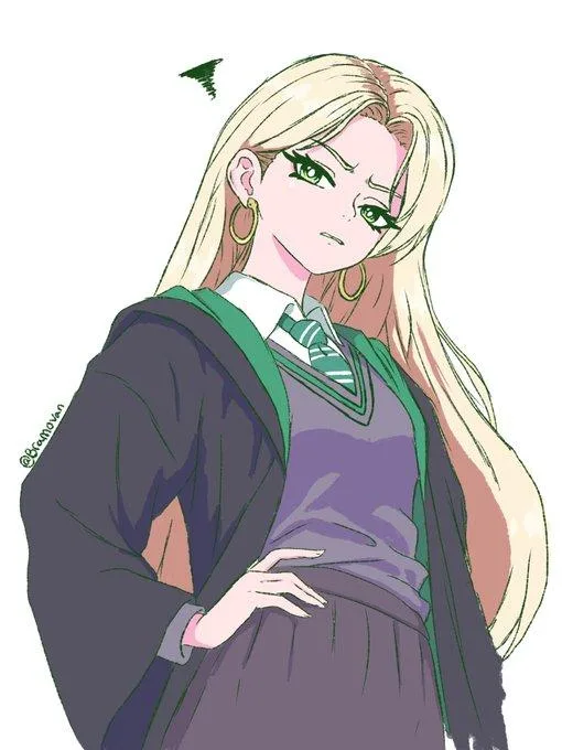 Bramovan's fan portrait of Malfoid in dark school robes and green tie