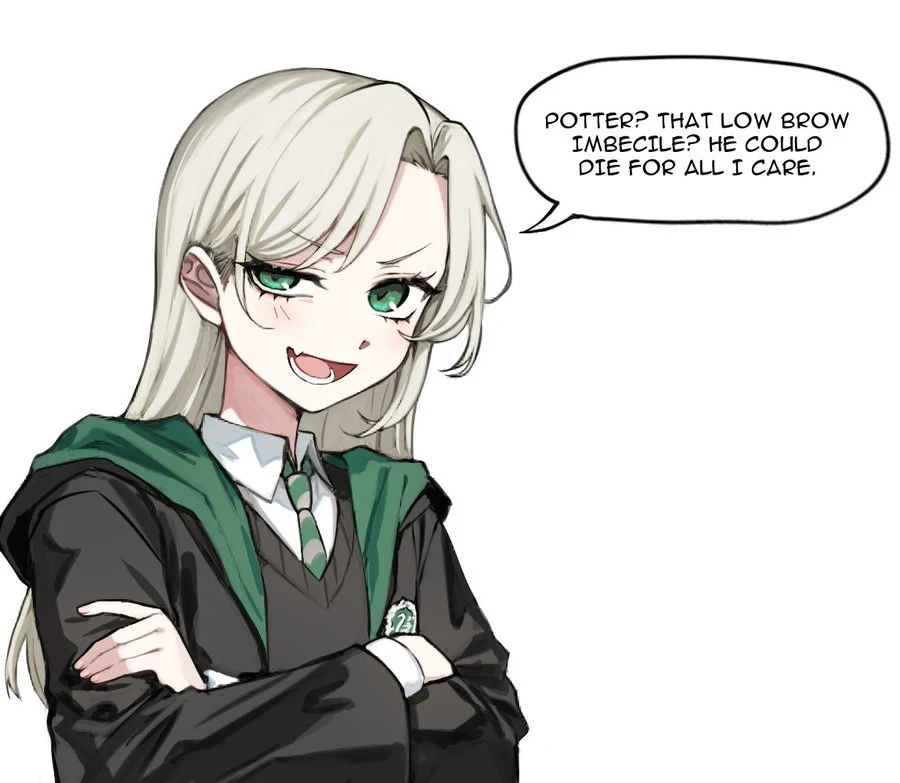 Female Draco folding her arms as she complains about Potter