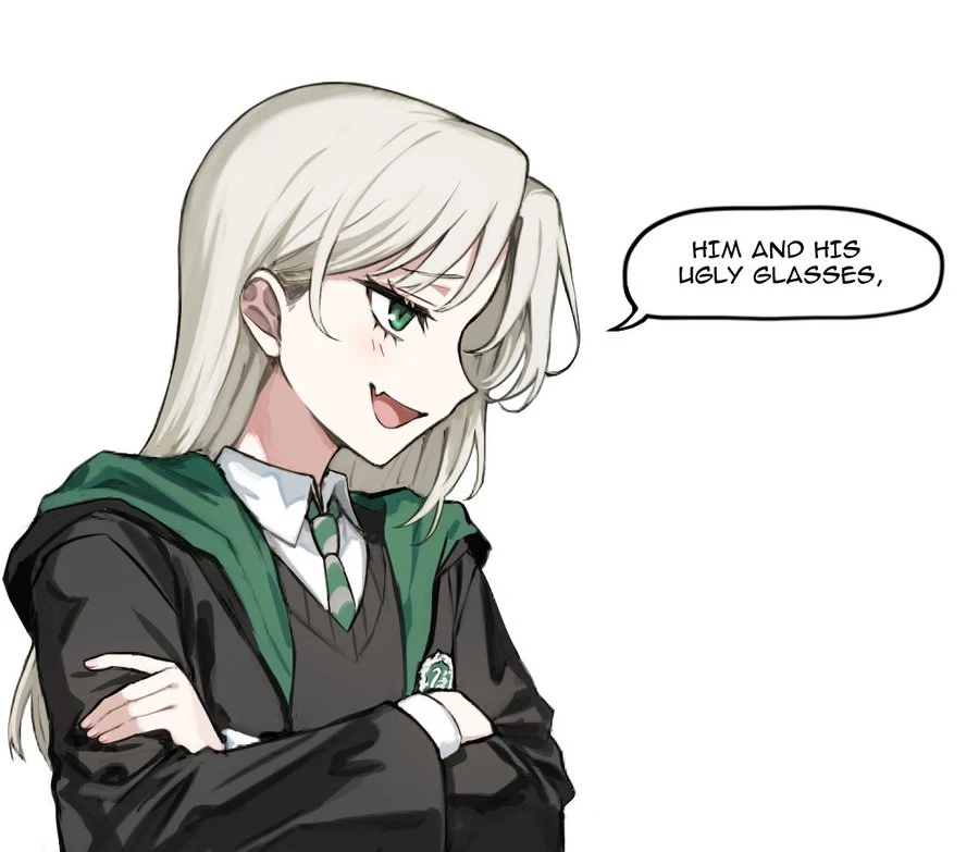 Female Draco smirking as she mentions Potter’s glasses