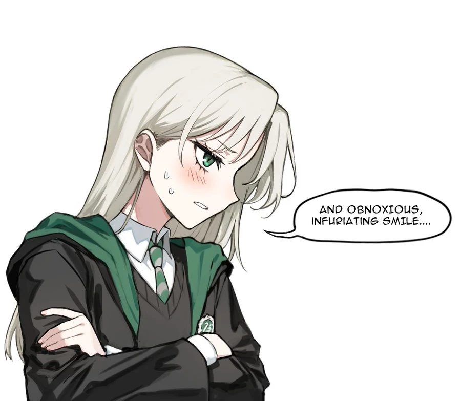 Female Draco blushing while describing Potter’s smile