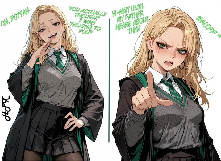 Two-panel fan artwork of Malfoid, first teasing Harry and then reacting with irritation