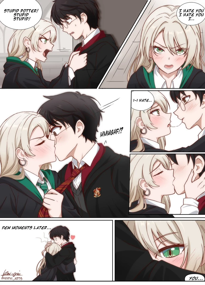 A color comic showing Female Draco arguing with Harry, kissing him and then embracing him