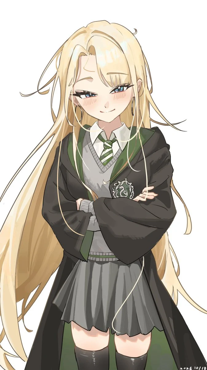 Blonde Female Draco smiling with crossed arms, a green striped tie and a snake-crested robe