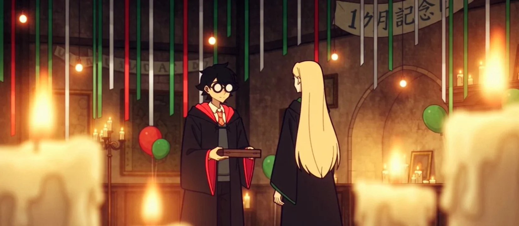 Animation still of Harry and Malfoid exchanging gifts in a school courtyard