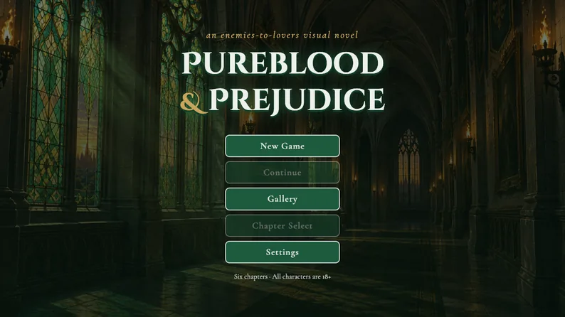 Écran titre de Pure Blood & Prejudice avec son menu de jeu