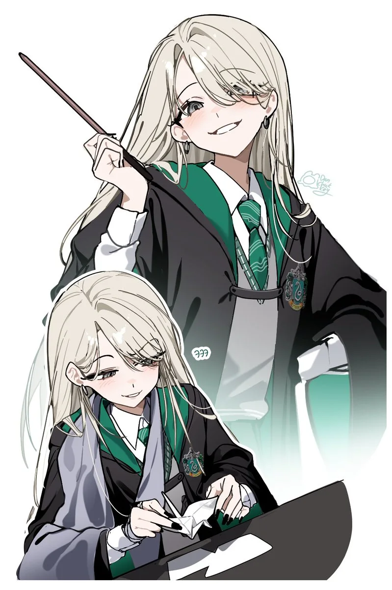 Two drawings of Female Draco: smiling with a wand, then sitting at a desk with a folded paper shape