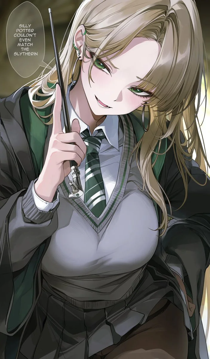 Female Draco holding a wand beside her face in grey and green school robes