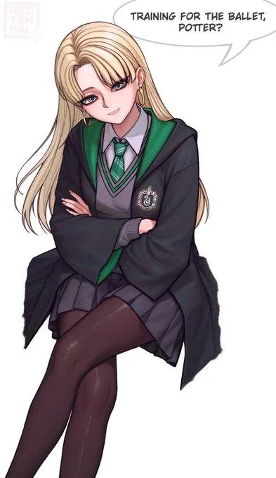 Fan artwork of Malfoid in dark green school robes, arms crossed, teasing Harry about ballet