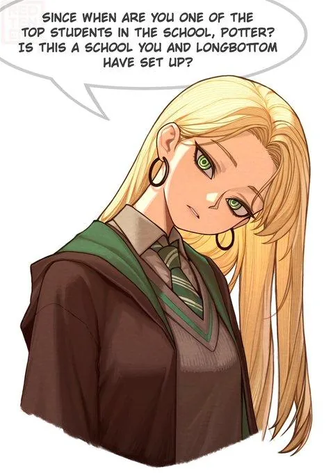 Fan artwork of a blond female Draco Malfoy in green robes taunting Harry in a speech bubble