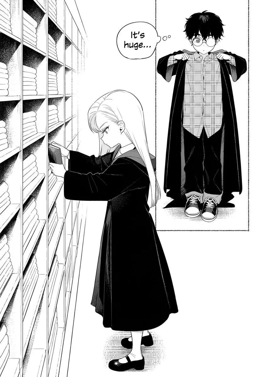 Harry trying on a robe beside Female Draco in Sachi’s black-and-white comic