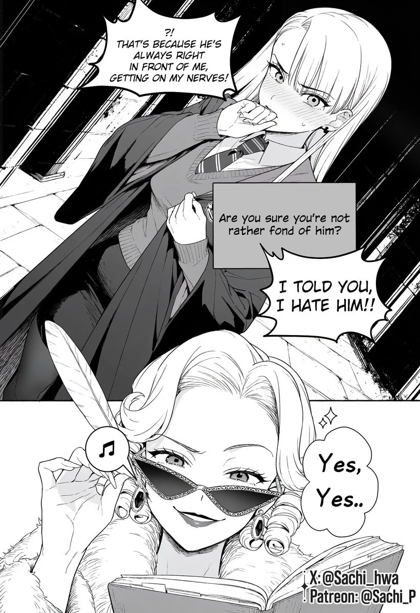 An interviewer taking notes as Female Draco denies affection