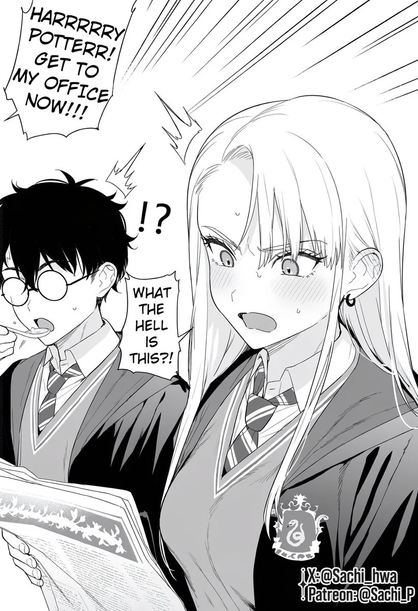 Harry and Female Draco reacting to a newspaper story