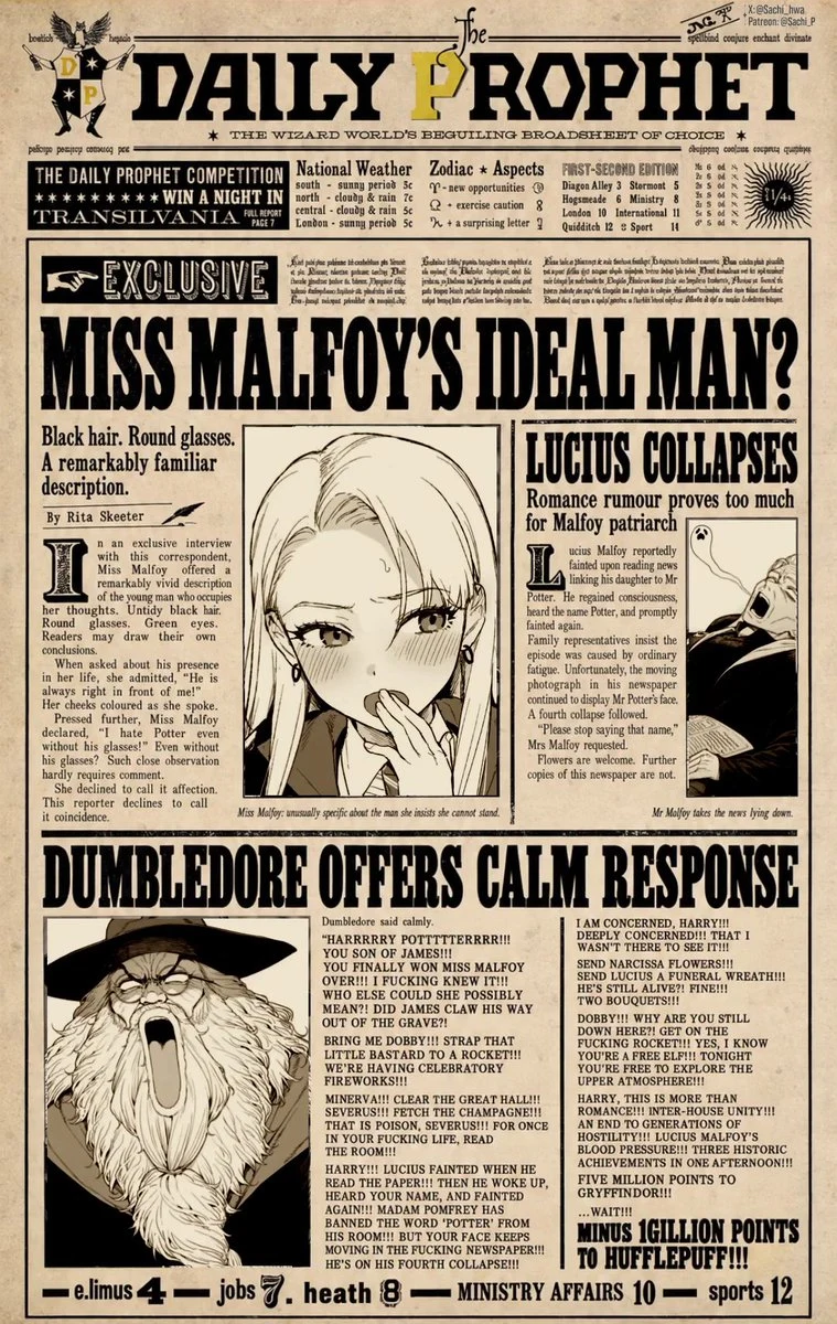 A fictional Daily Prophet front page exaggerating the interview into a romance rumor