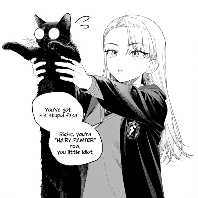 Malfoy holds a black cat wearing Harry’s glasses and calls him Hairy Pawter