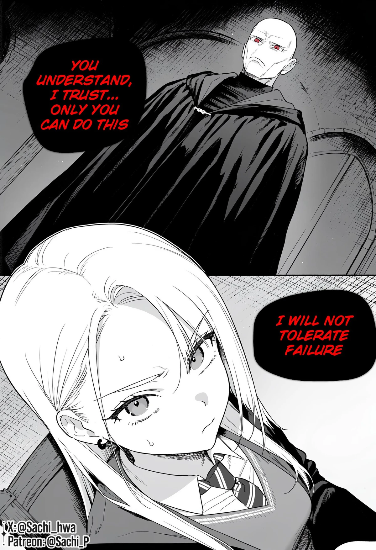Voldemort assigns a secret mission to Female Draco in the opening page of a fan comic