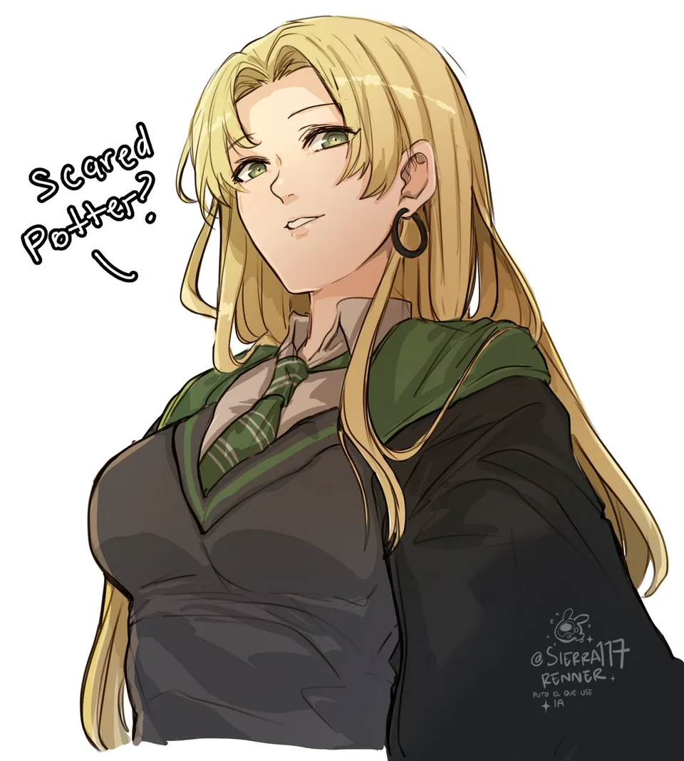 Sierra's portrait of a long-haired blond Malfoid in a green uniform and black robe, saying Scared Potter