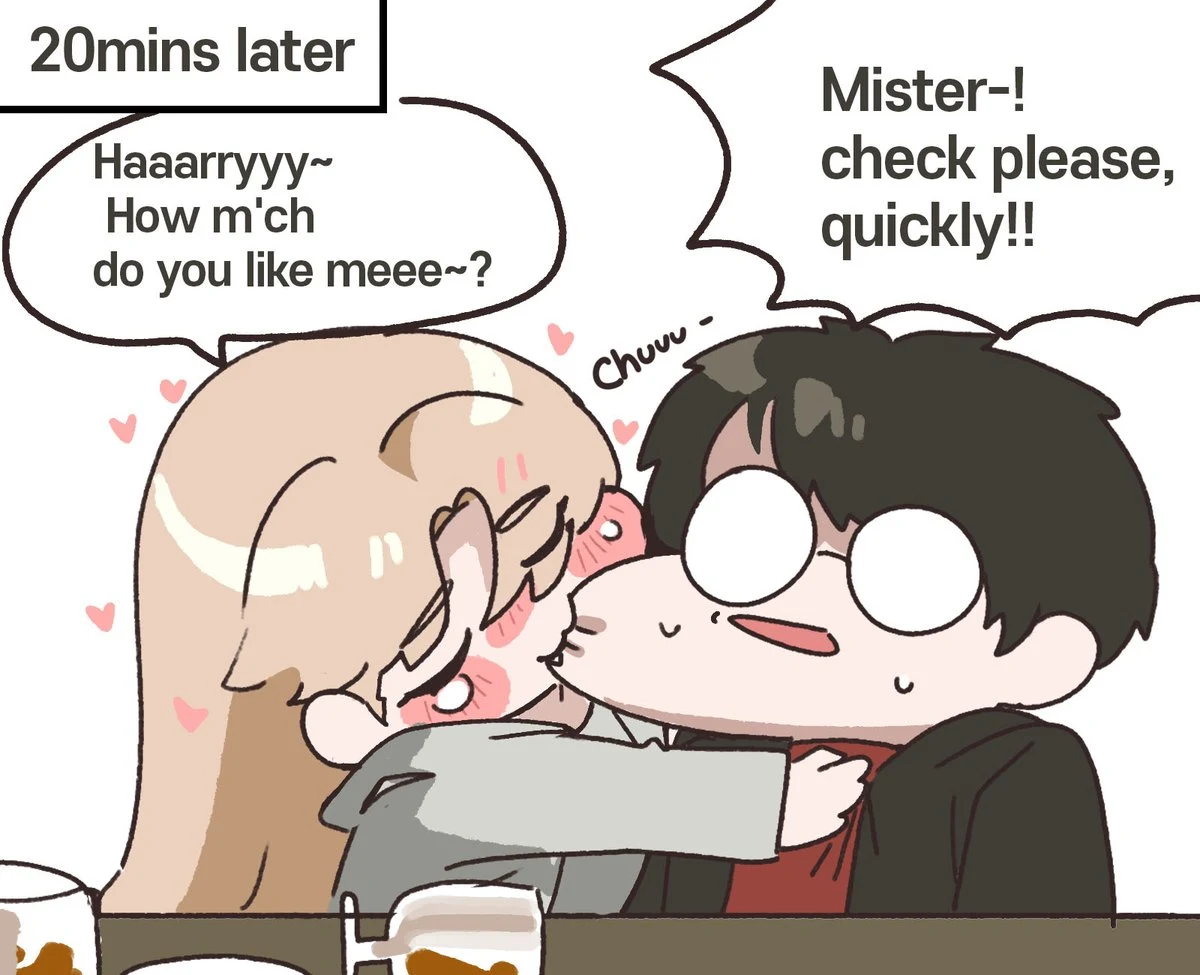 Female Draco leans toward Harry while he asks for the bill