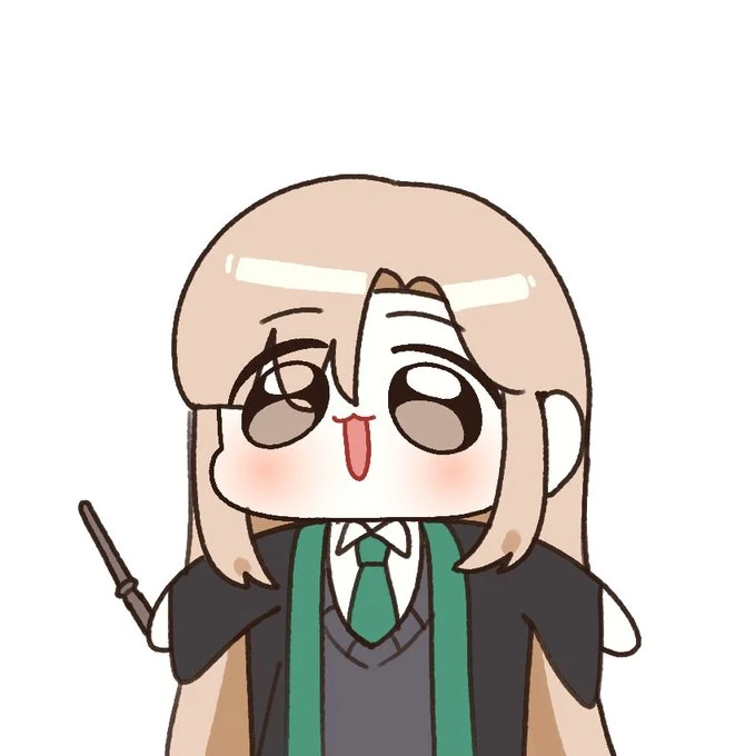 Chibi Female Draco with wide eyes, a green tie and a raised wand
