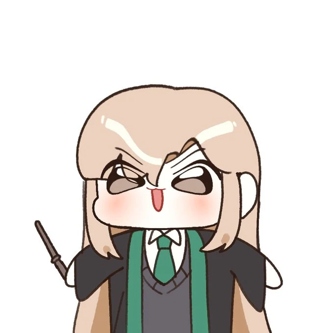 Chibi Female Draco with narrowed eyes, a teasing expression and a raised wand