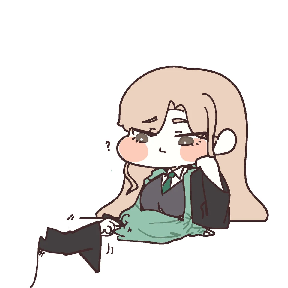 A hand touches the green fabric beside chibi Malfoid
