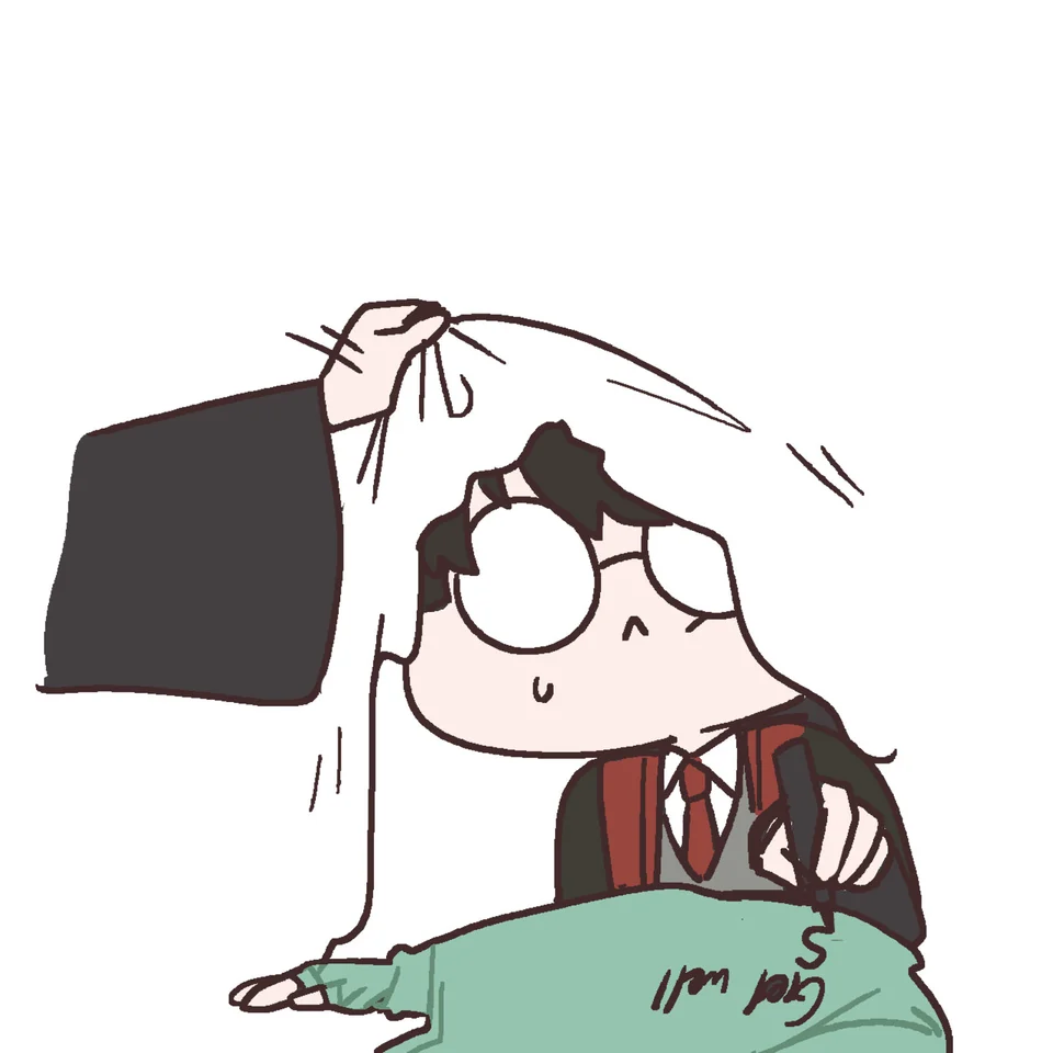 Harry holds a wand and green fabric with a get-well message