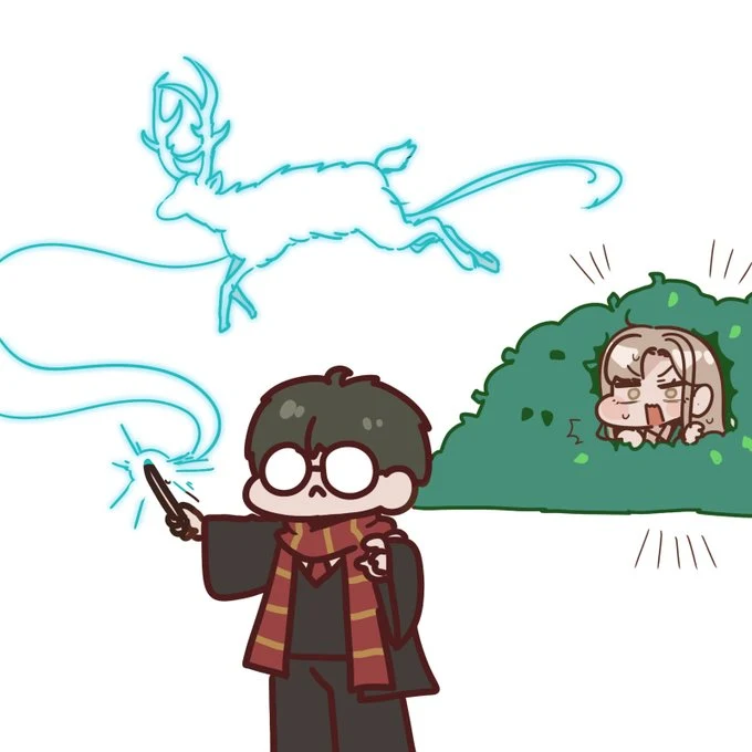 Harry casting a glowing stag Patronus while Female Draco watches from a bush