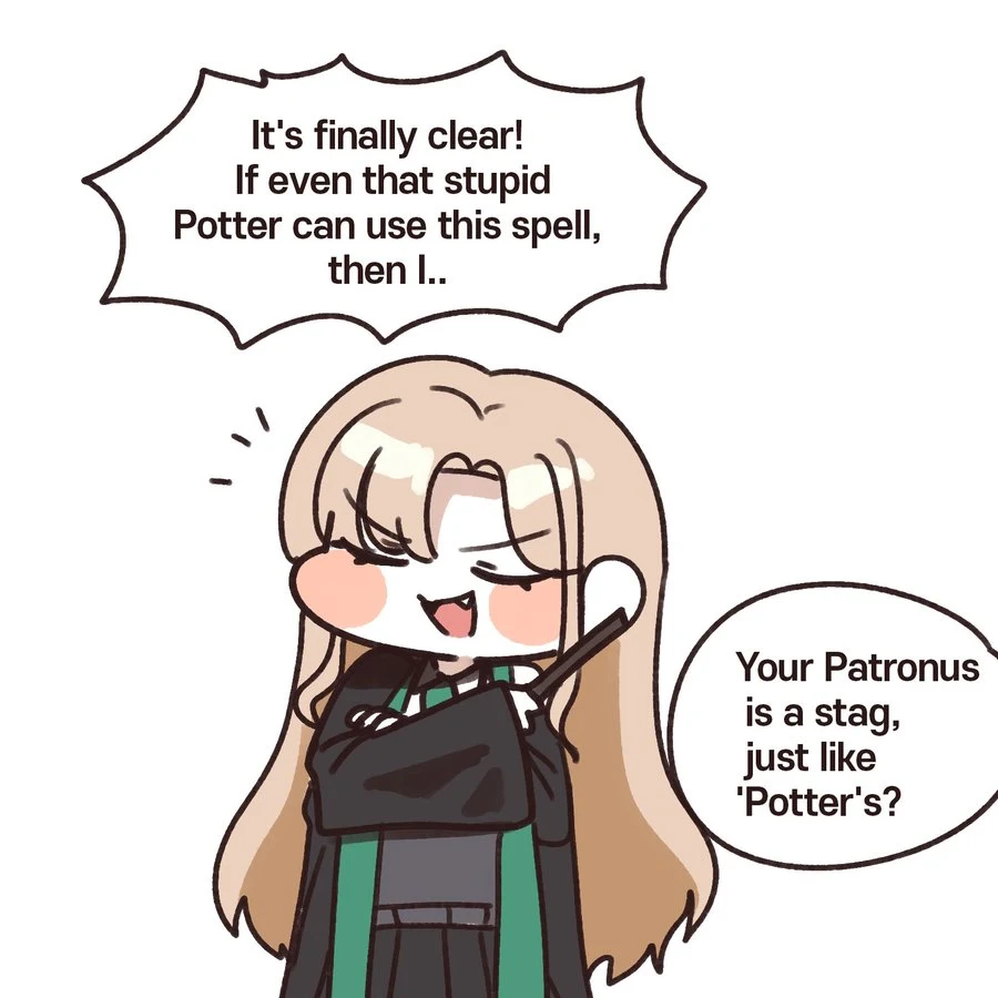 Female Draco boasting before being asked about the stag’s resemblance to Harry’s