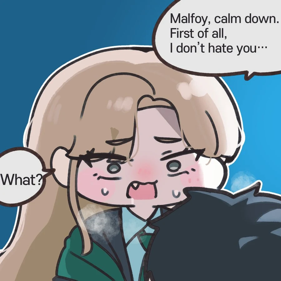 Female Draco reacting as Harry says he does not hate her