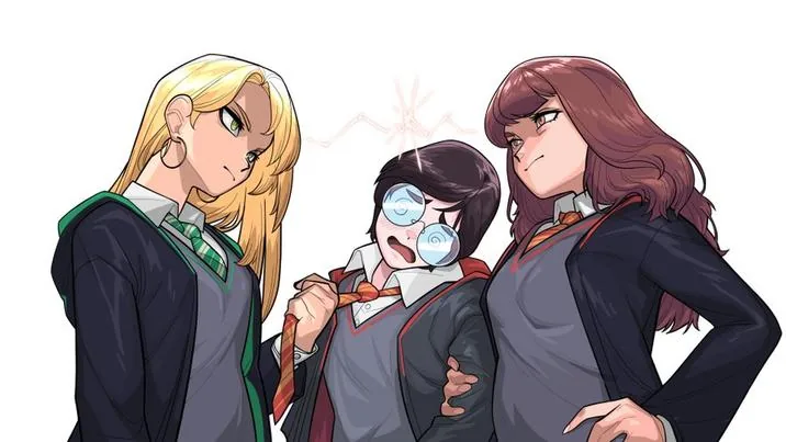 Fan artwork of Malfoid and Hermione facing off with Harry between them