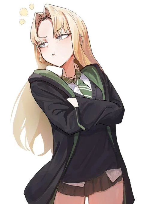 Fan artwork of a pouting blond Malfoid wearing a green-trimmed school uniform