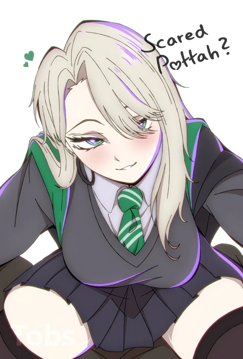 Female Draco in a grey vest and green tie leans toward the viewer beside the words Scared Pottah